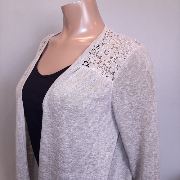 ELENA BALDI Floral Lace Open Front Cardigan Long Sleeve Hankerchief Hem Taupe - Picture 5 of 12